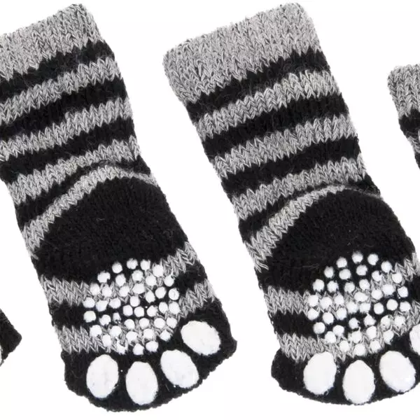 Flamingo Sockies   Kledij SOKJES 4ST/SET XS ZWART/GRIJS Laat jouw trouwe viervoeter er fancy bijlopen met deze anti-slip sokken. Deze sokken zorgen voor goede grip op gladde vloeren