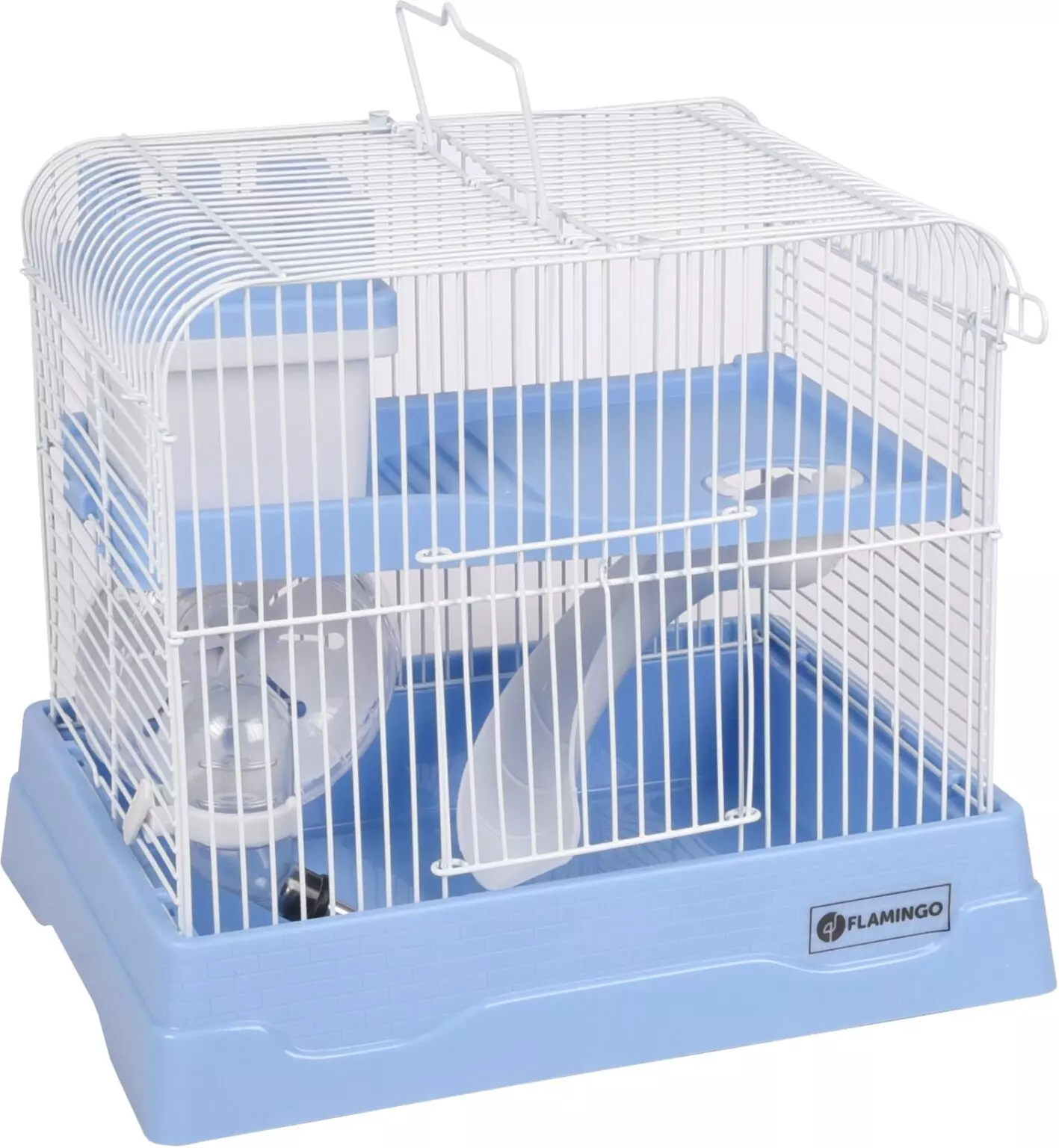 Flamingo Dinky   Kooi HAMSTERKOOI DINKY BLAUW 30x23x26CM De hamsterkooi Dinky wordt gebruikt als tijdelijke kooi bij bijvoorbeeld ziekte of het tijdelijk apart plaatsen van een hamster. Deze hamsterkooi beschikt over alles wat een hamsterverblijf nodig heeft: een schuilhuisje